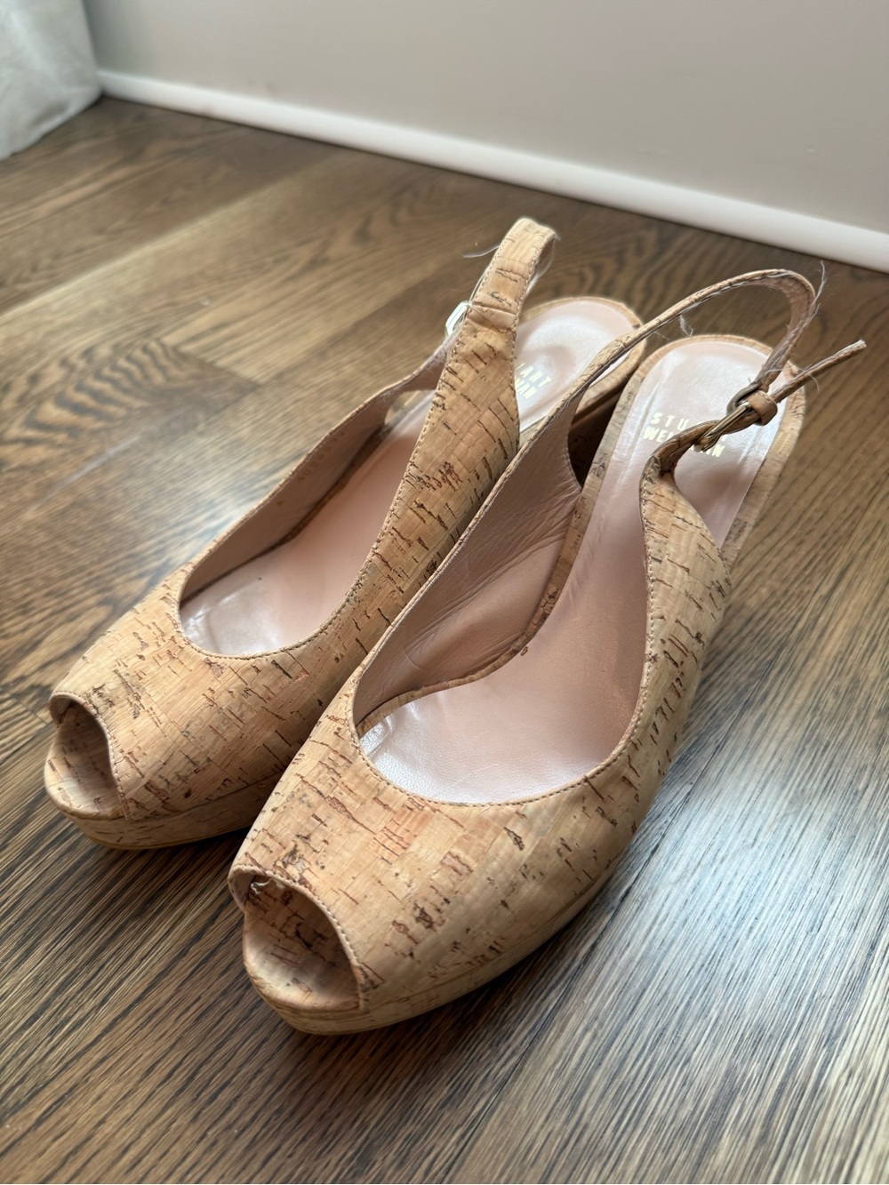 Stuart Weitzman Cork Peep-Toe Slingback Wedges - Natural
